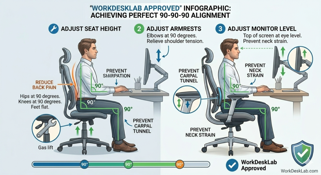 Infographic by WorkDeskLab explaining how to adjust seat height, armrests, and monitor level to achieve perfect 90-90-90 ergonomic alignment to prevent neck and back strain.