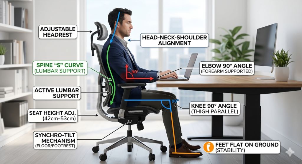 A diagram showing the correct sitting posture and spine alignment in an ergonomic office chair.
