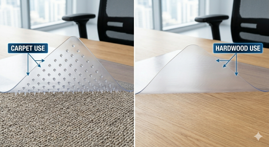 Comparison of underside textures for an office chair mat for carpet versus hardwood floor.