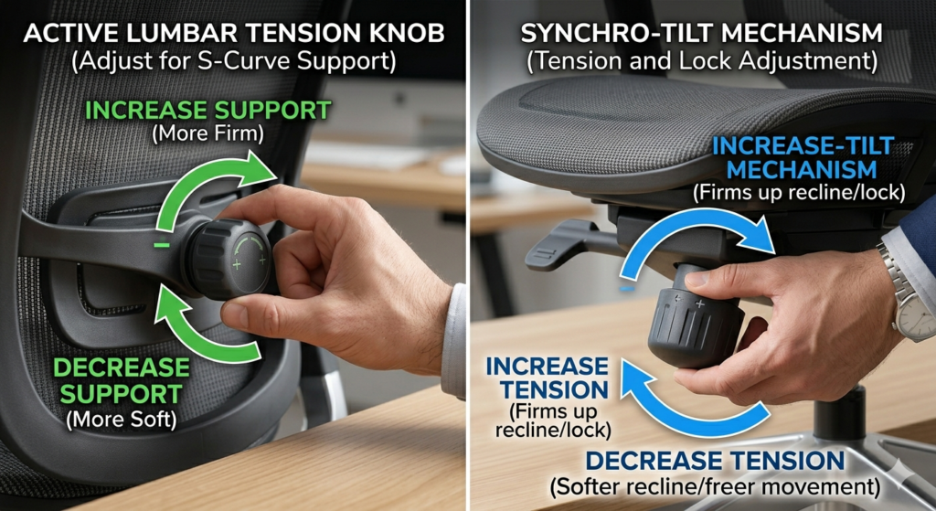 Close-up of adjusting the tension and lumbar support on a modern ergonomic office chair.