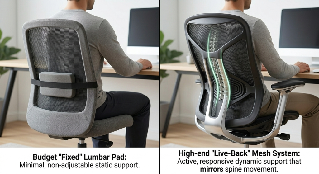 A side-by-side comparison of a budget office chair with a fixed lumbar pad versus a high-end ergonomic chair with an active 'Live-Back' mesh system that tracks spinal movement.