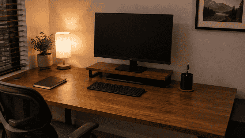 A completely clear home office desk at end of workday with monitor off, keyboard centered, and only essential items returned to their designated spots