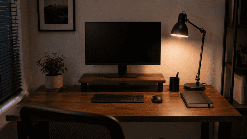 A completely clear home office desk at the end of the workday with only essential items in their designated spots