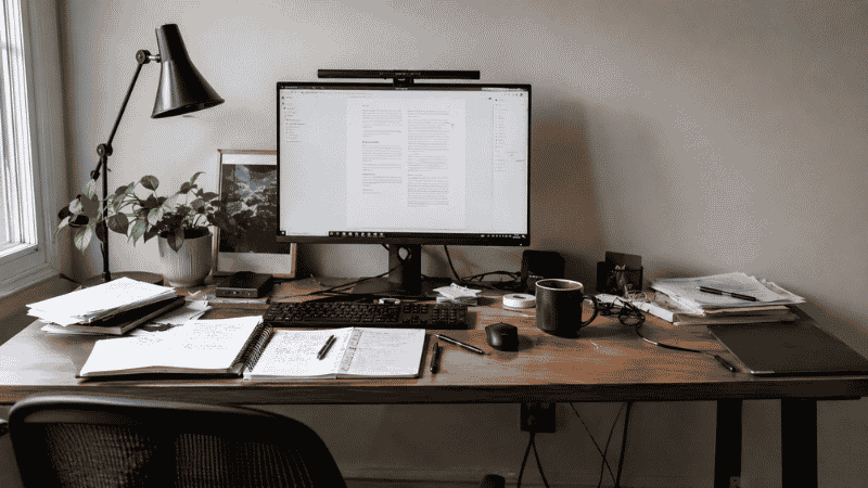 A messy home office desk covered in papers, cables, and random items before organization