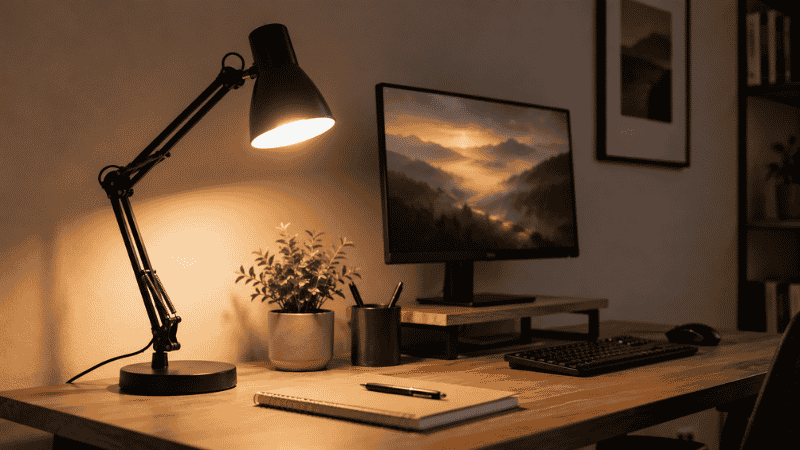 A adjustable desk lamp providing warm side lighting on a clean home office workspace