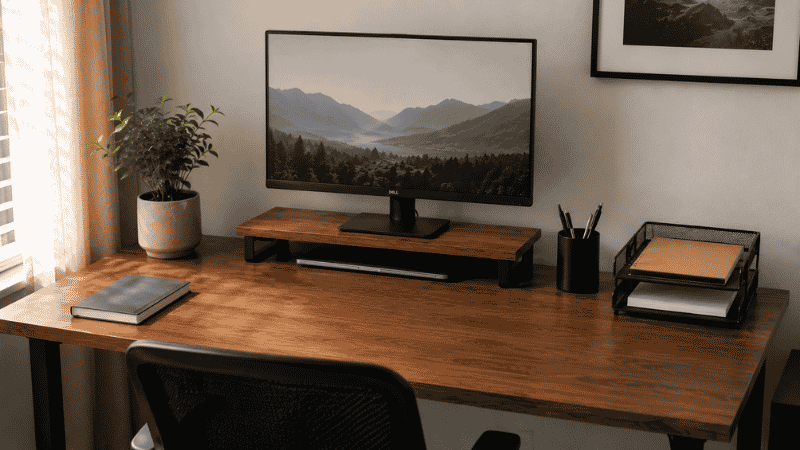 A neatly organized home office desk with clear zones, monitor riser, letter tray, and minimal surface items