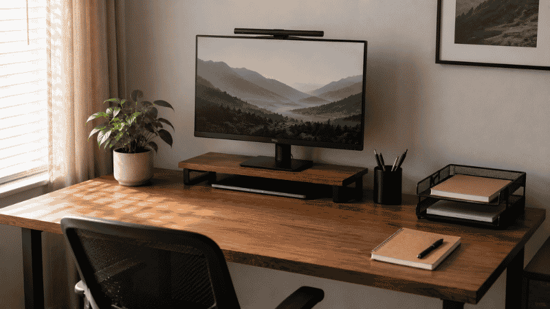 A neatly organized home office desk with clear zones, letter tray, pen holder, and monitor riser