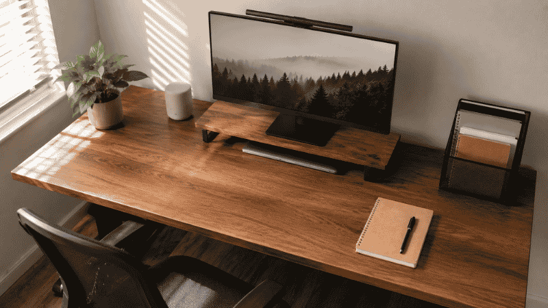 A well-organized desk divided into active, reference, and storage zones with organizer tray and letter tray