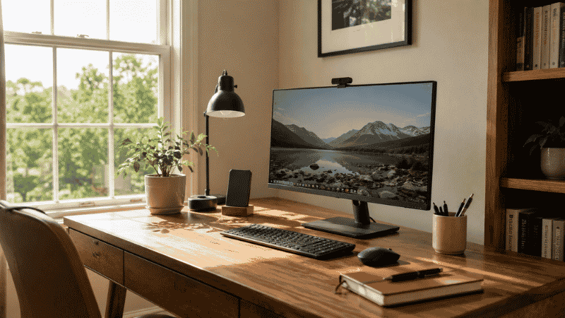 A home office desk positioned with a window to the side providing ideal natural side lighting without screen glare