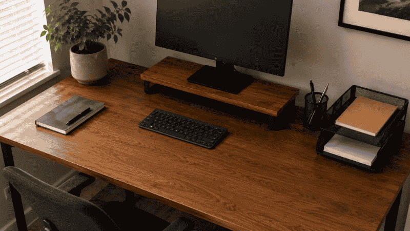 A home office desk organized into three clear zones — active center area, reference zone with notebook and pen, and storage zone with organizer tray