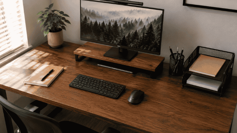 A home office desk clearly divided into active, reference, and storage zones with organized items in each area