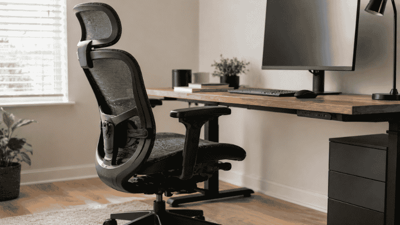 An ergonomic office chair positioned at a home office desk with proper lumbar support