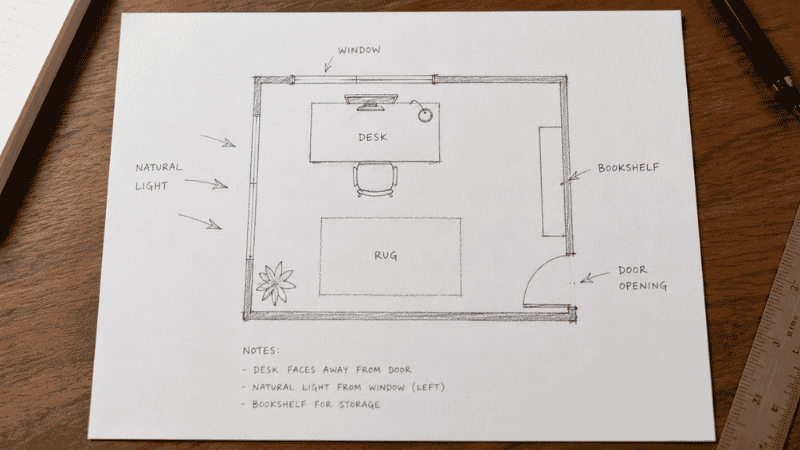 A hand-drawn sketch floor plan of a home office layout on paper showing desk placement, window position, and door location