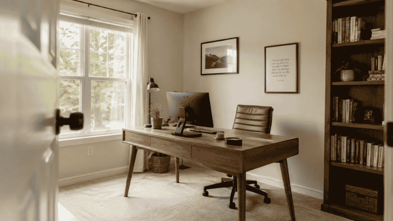 A well-arranged home office with desk positioned beside a window for natural side lighting and clear workspace
