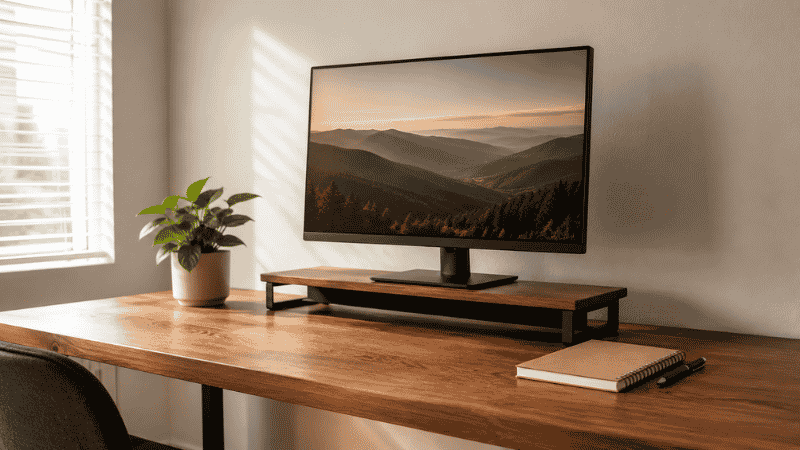 A clean, minimal home office desk setup with monitor, notebook, and desk organizer