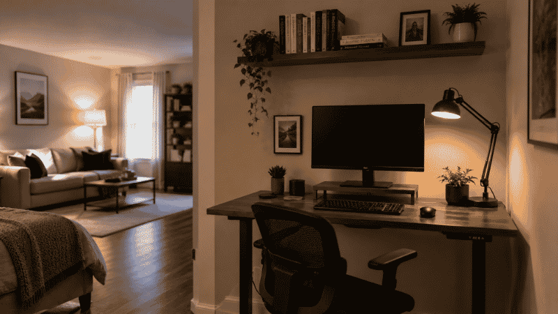 A home office desk setup in the corner of a bedroom or living space, facing the wall to create a clear work zone boundary
