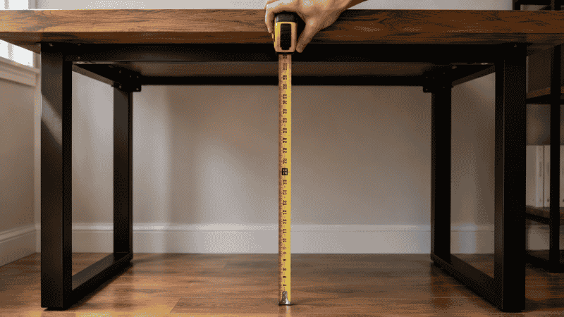 A person measuring the clearance height under a desk with a tape measure before installing under desk storage
