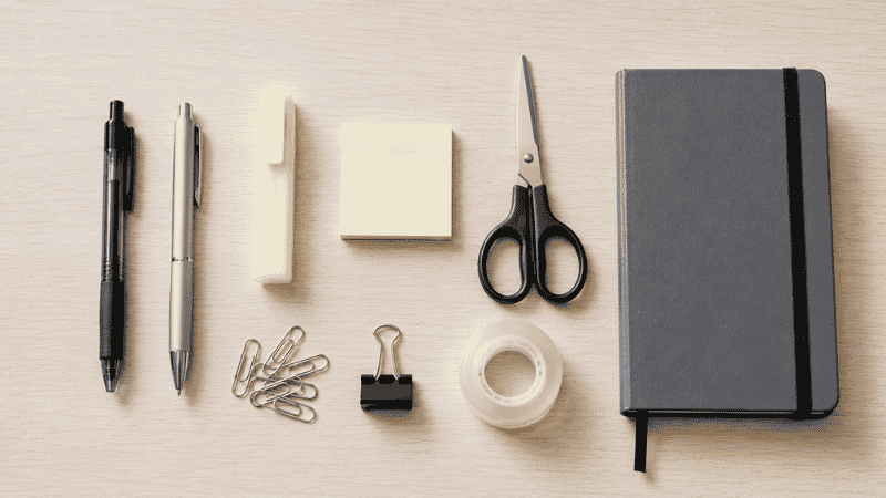 A minimal selection of essential home office supplies neatly arranged on a desk including pens, sticky notes, scissors, and paper clips