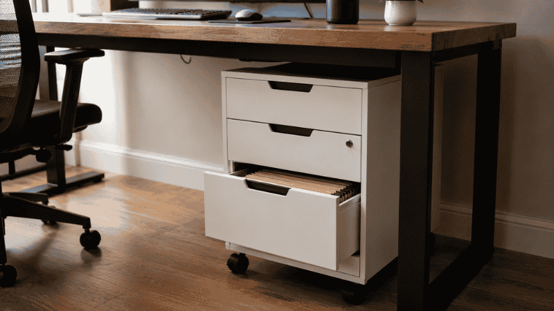 A small rolling pedestal storage cabinet with drawers positioned under a home office desk on smooth casters