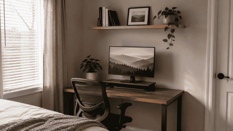 A compact home office corner setup in a bedroom with floating shelf above desk and vertical storage