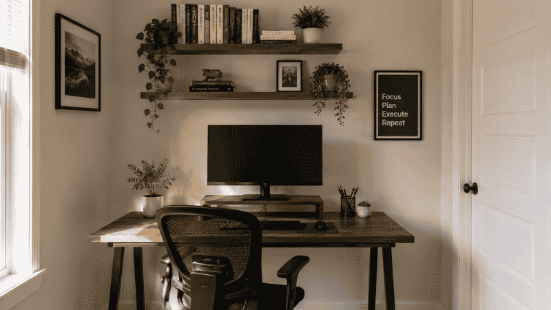 A compact small home office layout with desk facing a wall, floating shelves above for vertical storage, and minimal floor footprint