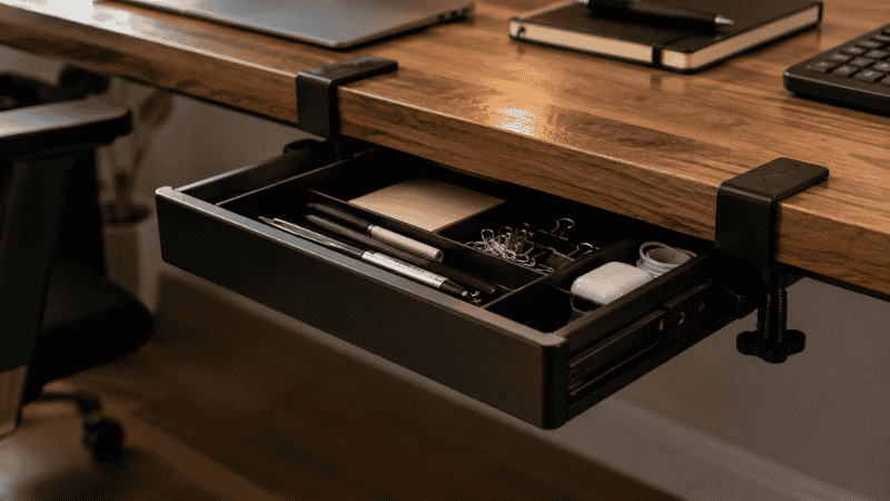 A black under desk drawer mounted beneath a wooden desk using clamp mechanism, partially open showing organized stationery inside