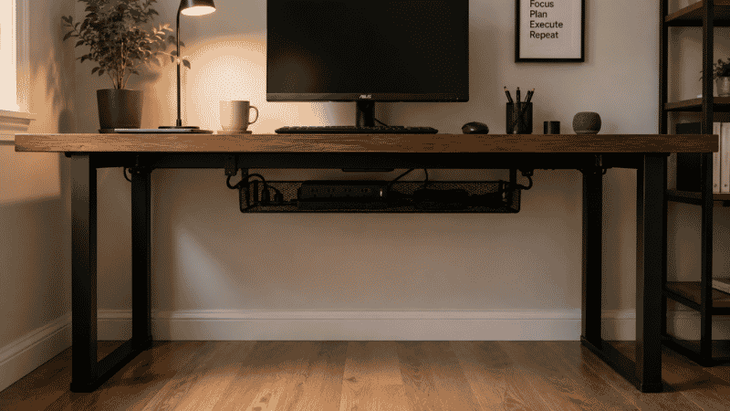 A clean home office desk with organized under desk storage including a cable tray and small drawer mounted underneath