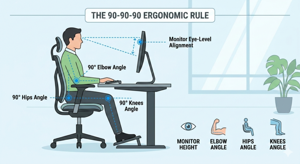 A diagram illustrating the 90-90-90 ergonomic rule for minimalist desk setup including monitor eye-level alignment.