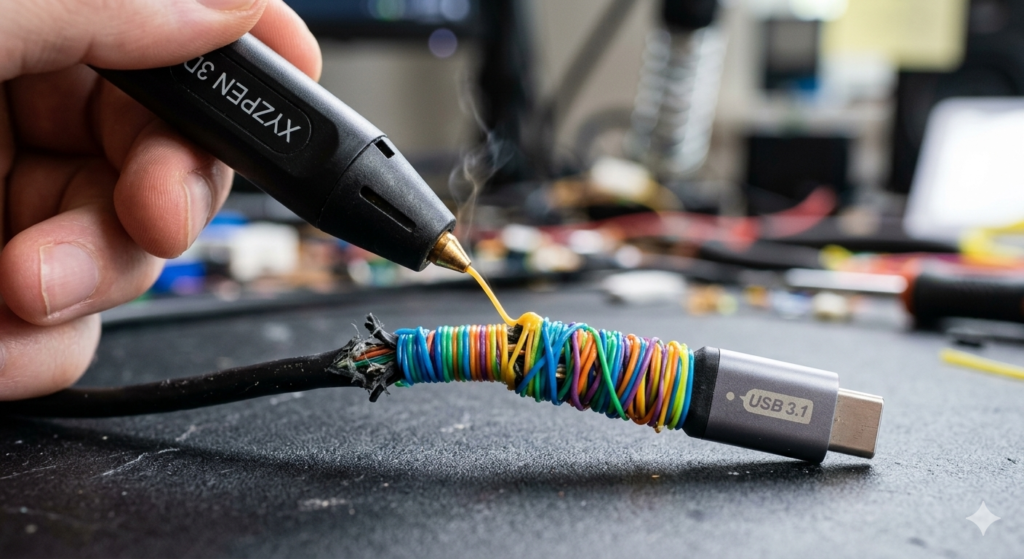 Close-up of a 3D printing pen reinforcing a frayed USB charging cable with PLA plastic.
