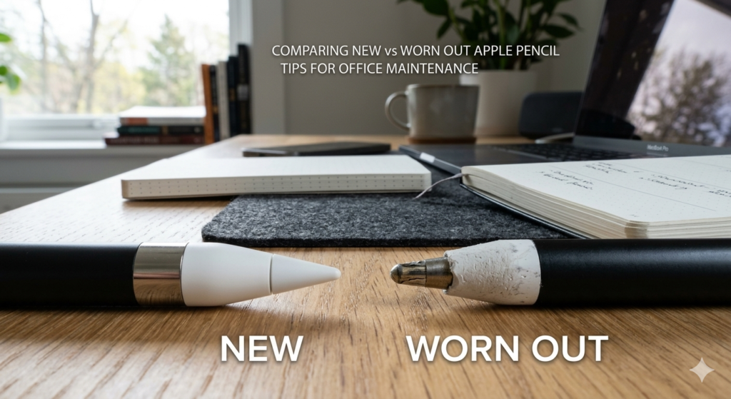 Comparing new vs worn out apple pen tips for office maintenance