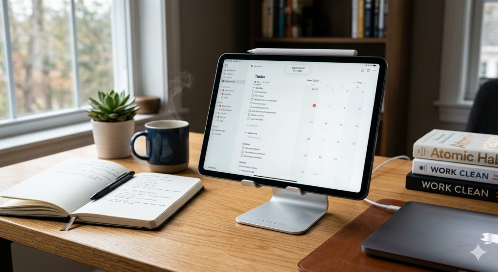 Apple Pen charging magnetically on an iPad Pro desk setup