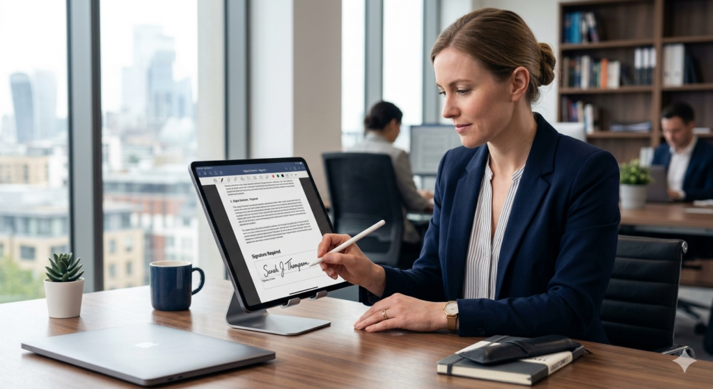 Professional using apple stylus pen to sign a digital document