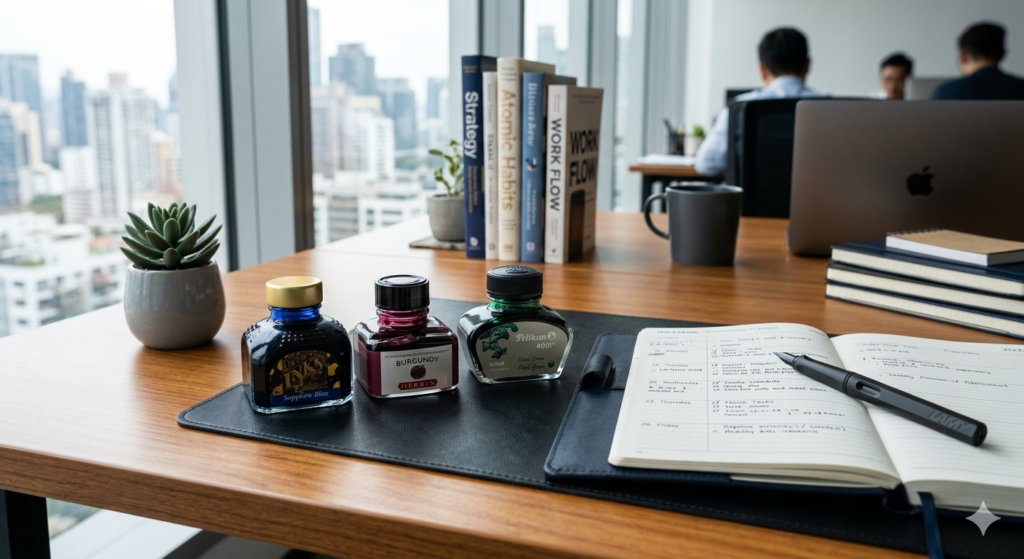 Elegant glass bottles of fountain pen ink next to a professional planner.