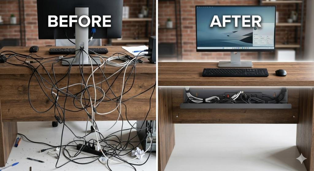 Before and after comparison of a messy workspace versus a minimalist desk with under-desk cable management tray.