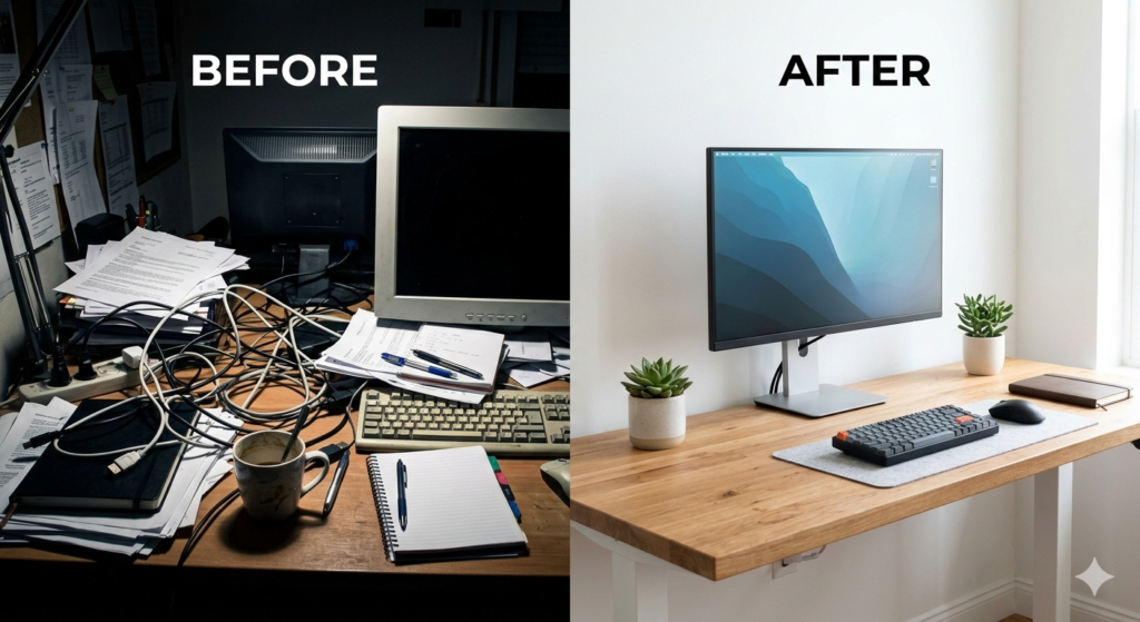 Side-by-side comparison of a cluttered workspace versus a minimalist desk setup for enhanced productivity.