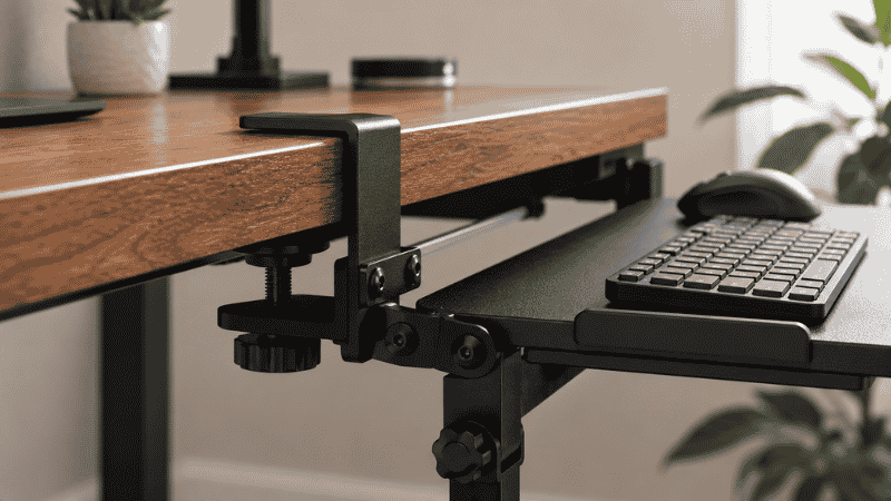 A clamp-on keyboard tray being attached to the edge of a desk without drilling, showing the clamp mechanism gripping the desk edge