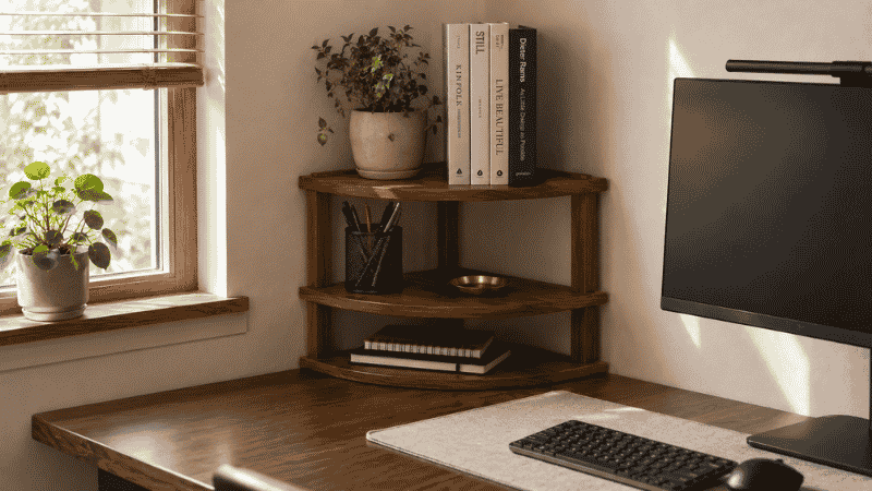 A small corner shelf or desk riser shelf in a home office corner adding vertical storage above the desk in a compact space