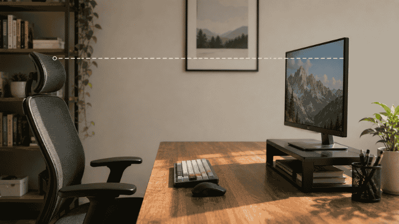 A monitor raised on a stand to the correct eye level height showing proper ergonomic positioning with top of screen at eye level