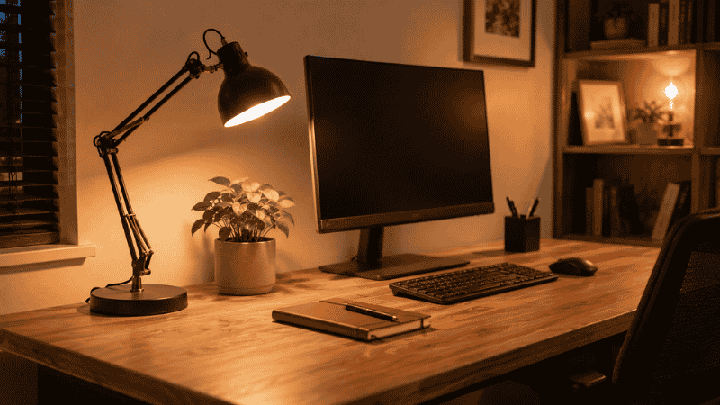 A cozy home office corner with warm desk lamp lighting, a small plant, neutral colors, and personal touches creating a comfortable work atmosphere