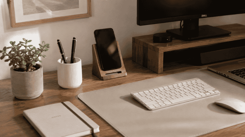 A stylish home office desk corner with aesthetically pleasing but functional desk accessories including a ceramic pen holder, small plant, and minimal desk mat