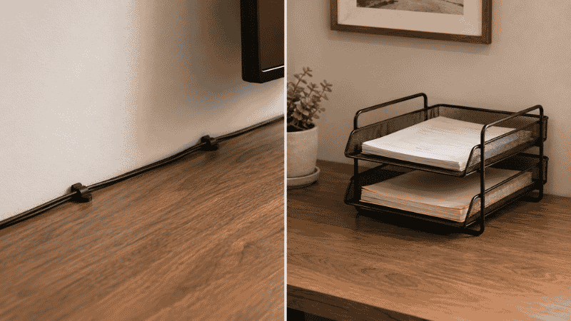 Two simple affordable desk accessories — adhesive cable clips routing cords along a desk edge and a two-tier letter tray holding documents — showing a quick low-cost desk improvement