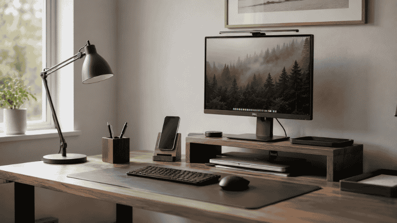 A clean home office desk with a minimal set of functional desk accessories including a pen holder, desk lamp, phone stand, and cable management