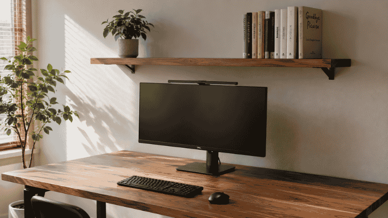 A home office desk with a clean wooden shelf mounted above at the correct height showing organized books and supplies with clear desk surface below