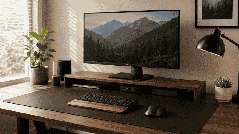 A clean home office desk with a large leather desk mat covering the full working surface under keyboard, mouse, and monitor