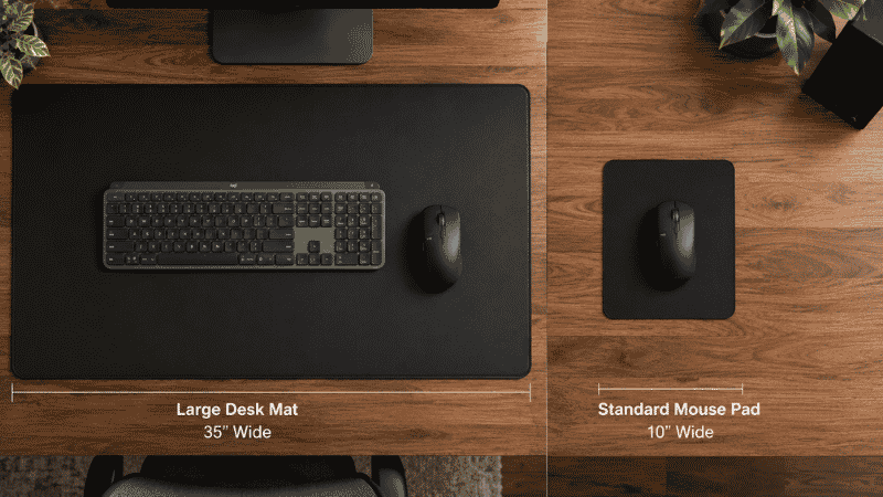 A comparison showing a large desk mat covering the full working surface versus a small mouse pad showing the size difference and coverage
