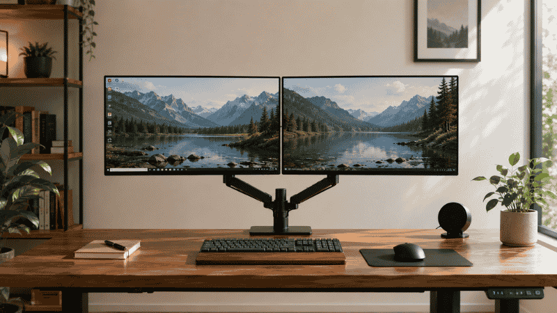 Two monitors elevated side by side on a dual monitor stand at consistent eye level height on a home office desk