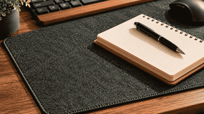 A grey or dark green felt desk mat on a home office desk showing the soft texture and warm minimalist aesthetic