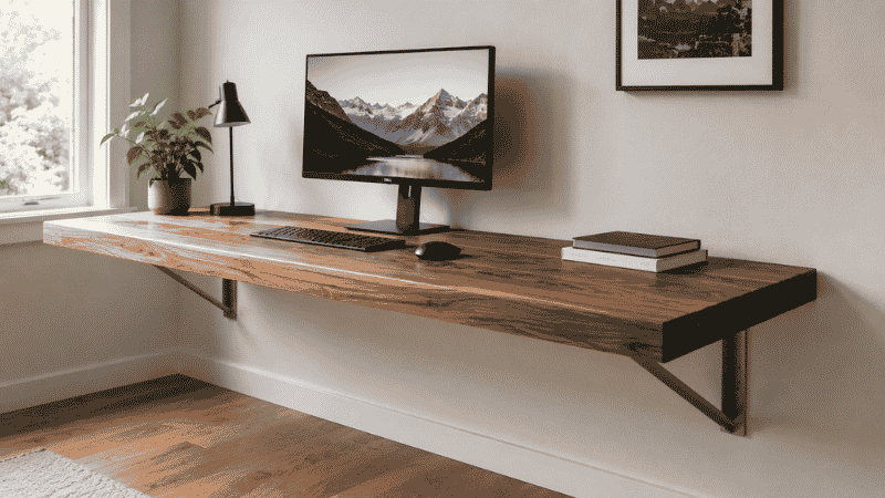 A fixed wall-mounted floating desk permanently installed on a wall with monitor, keyboard, and clean desk surface, no legs touching the floor