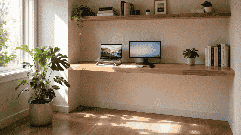 A clean wall-mounted floating desk in a small home office with no legs, monitor and laptop on the surface, floor completely clear underneath