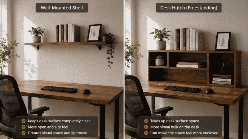 A side by side comparison showing a wall-mounted floating shelf above a desk on the left versus a freestanding desk hutch on the desk surface on the right
